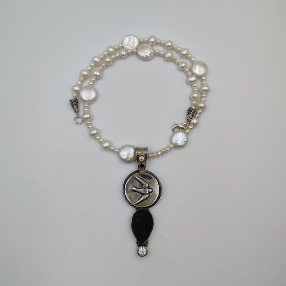 Mars And Valentine Sterling 925 Charcoal Druzy Sapphire Pearl Swallow Necklace - Picture 13 of 16